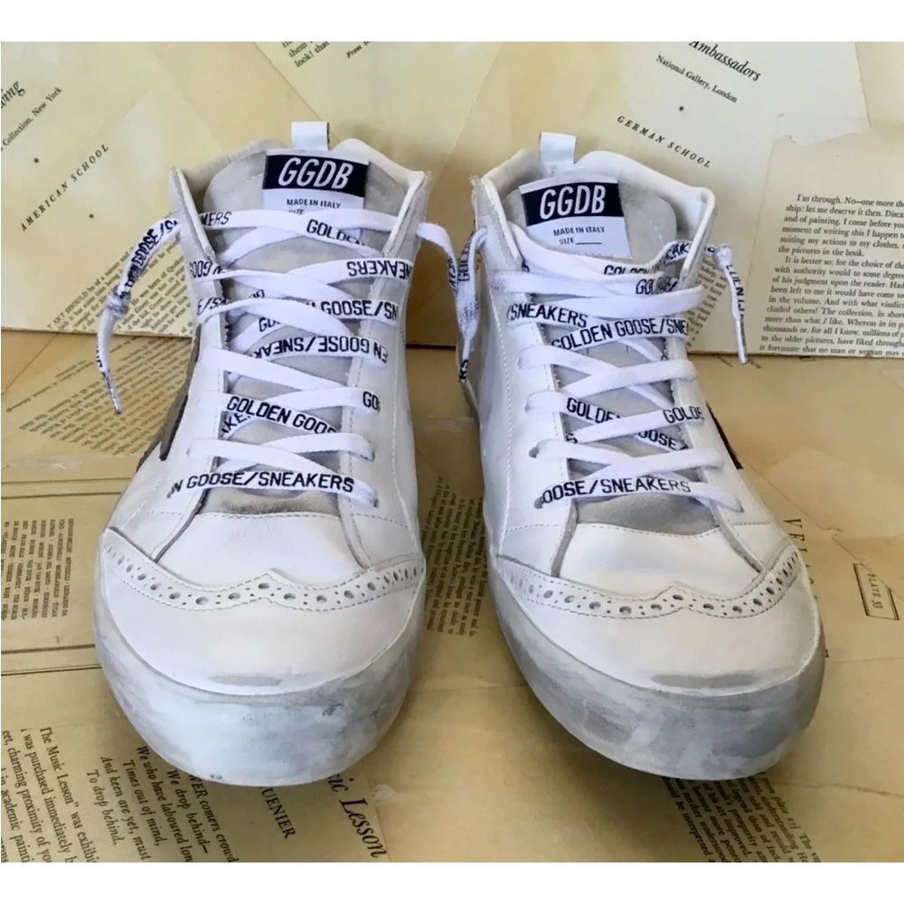 Golden Goose Mid Star White Leather Khaki Star Blue Red Logo Lace - Picture 8 of 9